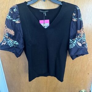 Black Short Sleeve Sweater with Patterned Bell Sleeves